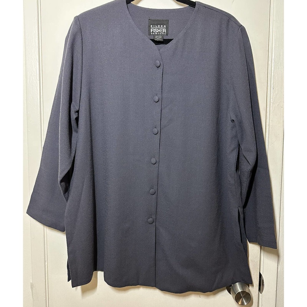 Eileen Fisher 100% Wool Button Front Blazer Style Top Navy Sz Small Oversized